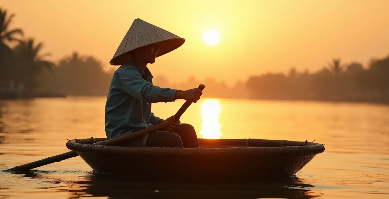 Bateau traditionnel vietnamien au coucher du soleil près de Hoi An