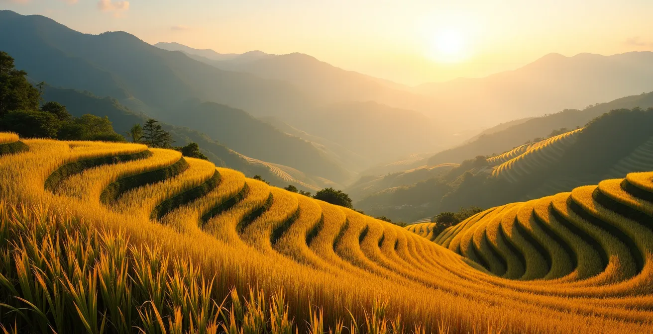 Rizières en terrasses dorées dans les montagnes du Nord Vietnam à l'automne